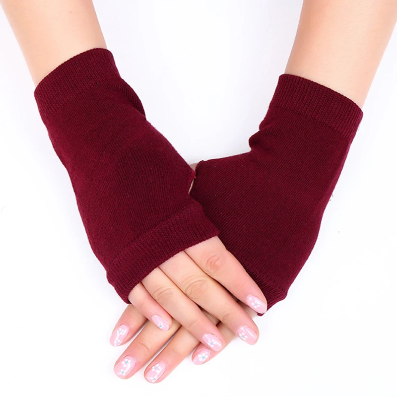 

Короткие перчатки с открытыми пальцами, зимние, Осенние, женские, мужские теплые трикотажные шерстяные перчатки без пальцев, однотонные зер...