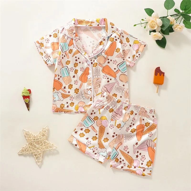 

1-6T Kids Girl Silk Pajamas Ice Cream/Dinosaur Print Short Sleeve Button-Up Top Shorts 2PC Summer Satin Pajamas Set Sleepwear