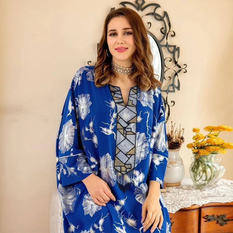 Eid Abayas For Women Dubai Turkish Stones Beads Tassel Dress Bohemian Kaftan Plus Size Boubou Muslim Floral Islamic Clothing