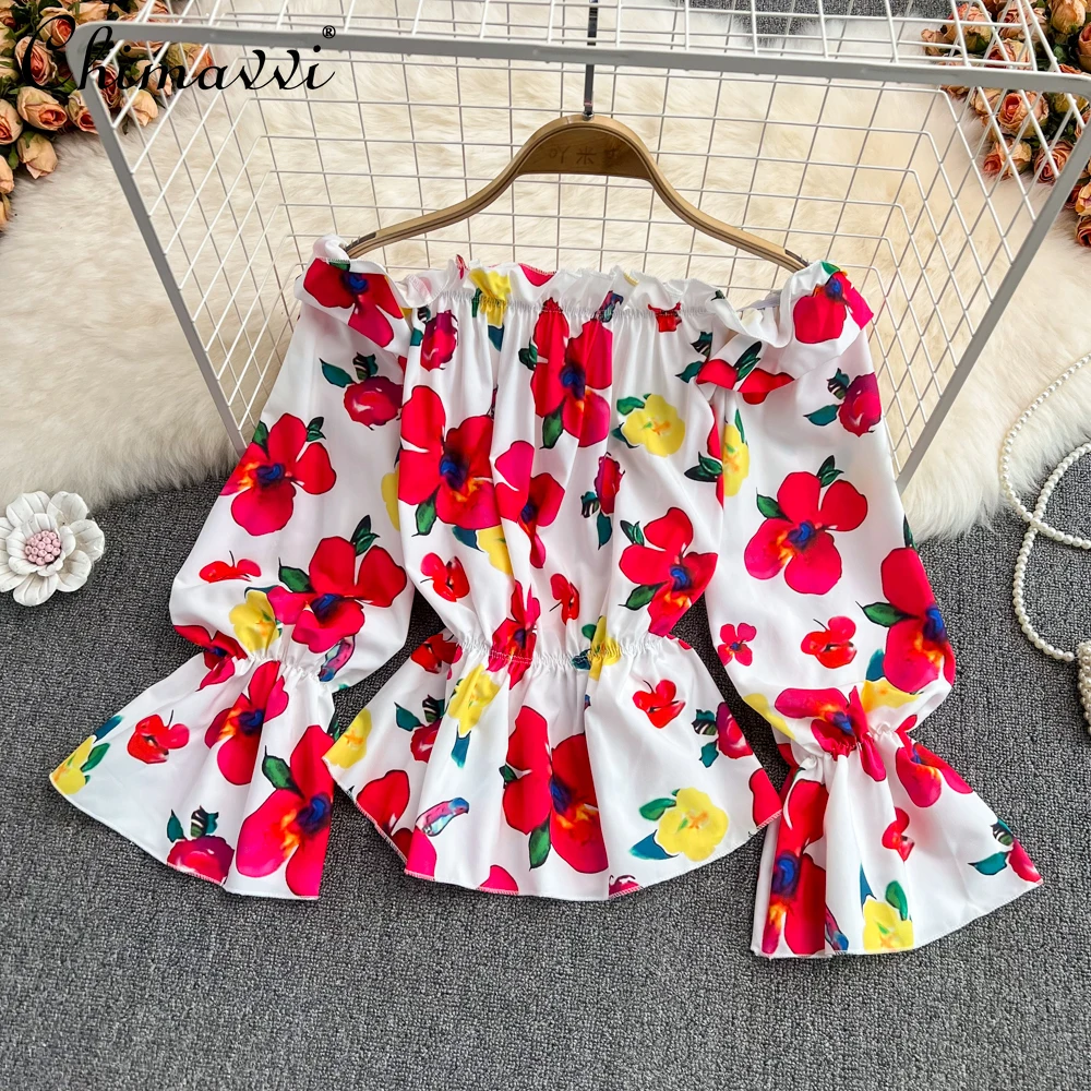 

2022 Spring New Off Shoulder Printing Shirt Women Long Sleeve Slimming Waist Blouses Female Korean Style Casual Corset Top