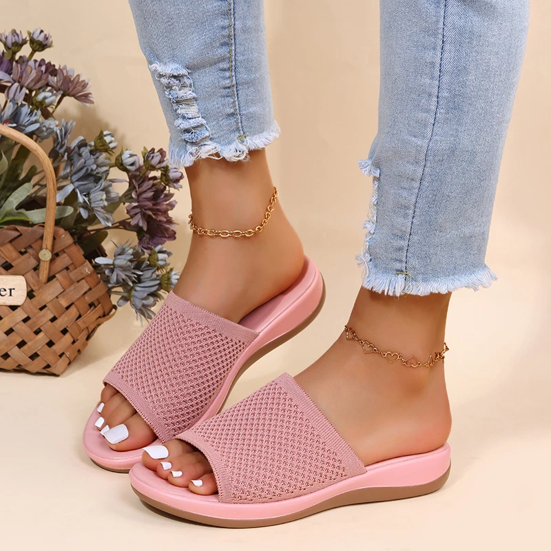 

2022 Summer Women Shoes Knitting Slippers Beach Wedge Ladies Sandals Slip on Thick Bottom Retro Female Slippers Platform Sandals