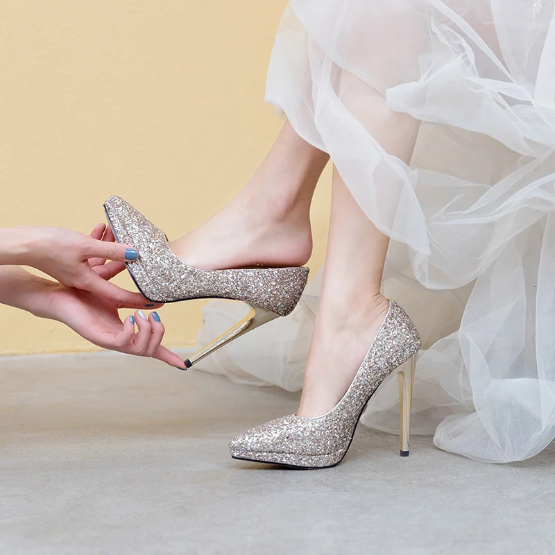 

Wedding Shoes Female Crystal 2022 New High Heels 12cm Waterproof Platform Thin Heel Wedding Dress Bride Sequin Dress Shoes
