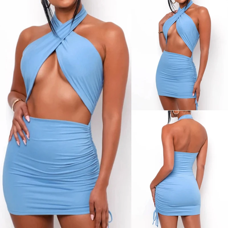 

Women Sexy Hollow Bandage Cross Halter Dress Fashion Slim Sleeveless Backless Clothes Clubwear Lady Summer Vacation Mini Dresses