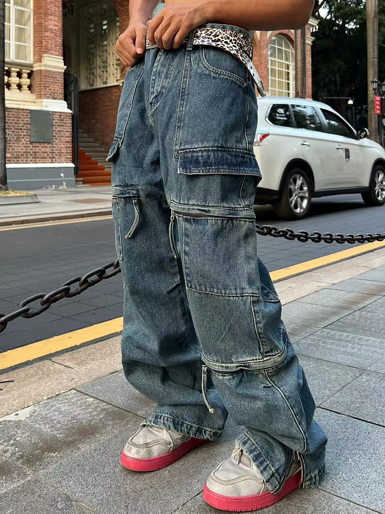 Retro Loose Washable Jeans for Men Y2K Large Pocket Straight Sleeve Jeans Baggy Wide Leg Zipper Hip Hop Casual Pants Floor