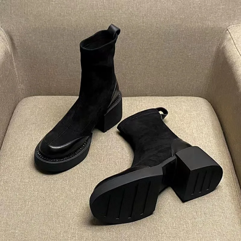 Spring and Winter Ankle Boots Round Head Zipper Women's Boots Thickened High Heels Shoes Boots Inner Heel Warm Shoes Botas Mujer