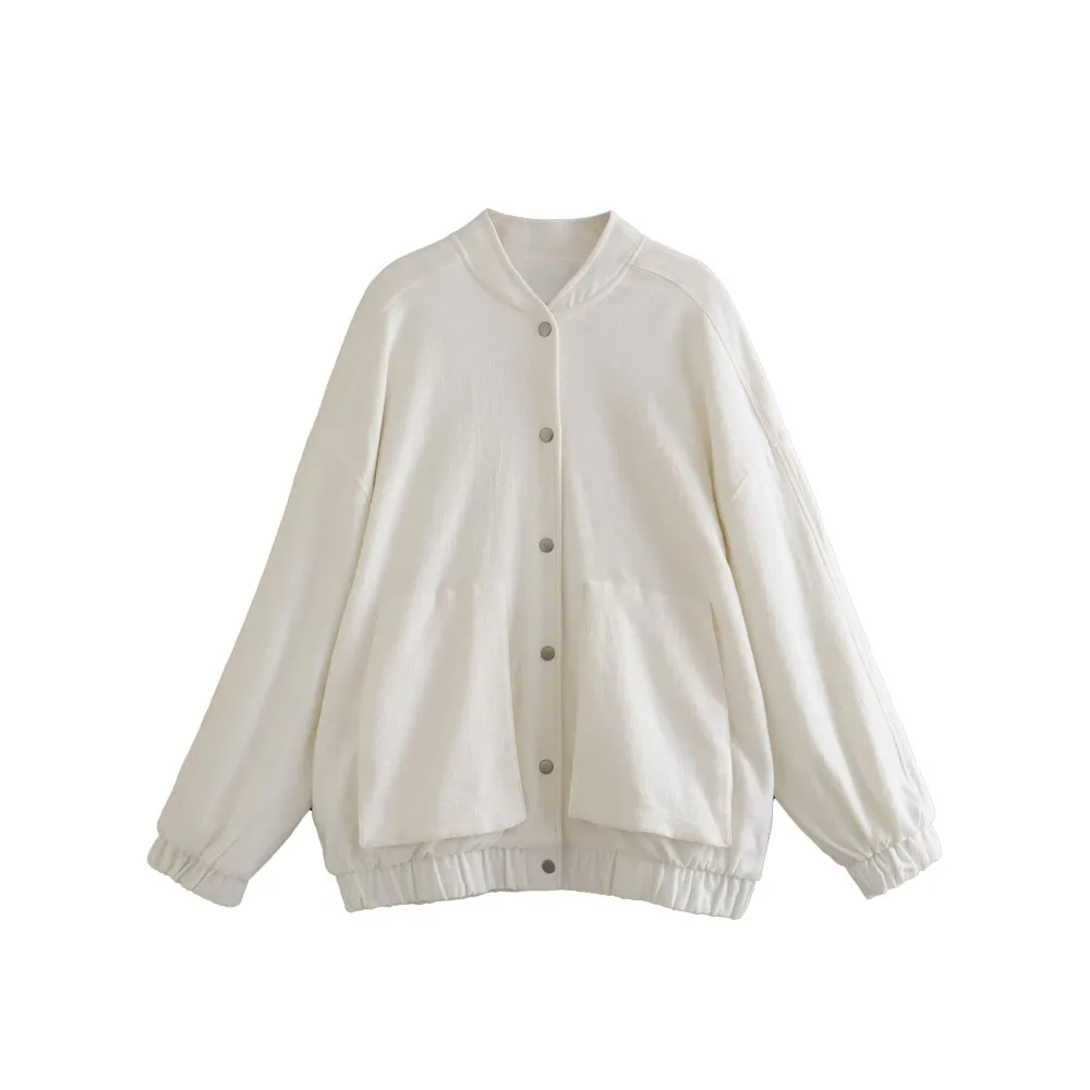 

Women 2023 New Fashion summer Linen Blend Bomber Jacket Coat Vintage Button Pocket Long Sleeve Casual Chic Female Overshirt