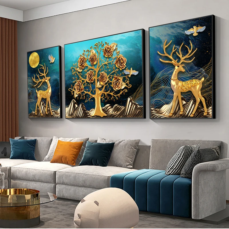 

3 Панели, пейзаж, животное, абстрактная картина, золотой и синий постер, Настенная картина, холст, живопись, принты, скандинавский Декор для г...