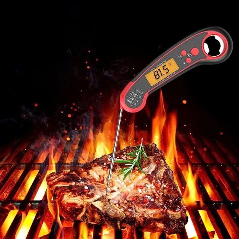 Красный складной цифровой кухонный термометр для еды, быстрое измерение, водонепроницаемая открывалка для бутылок для мяса, воды, молока, приготовления барбекю, гриля