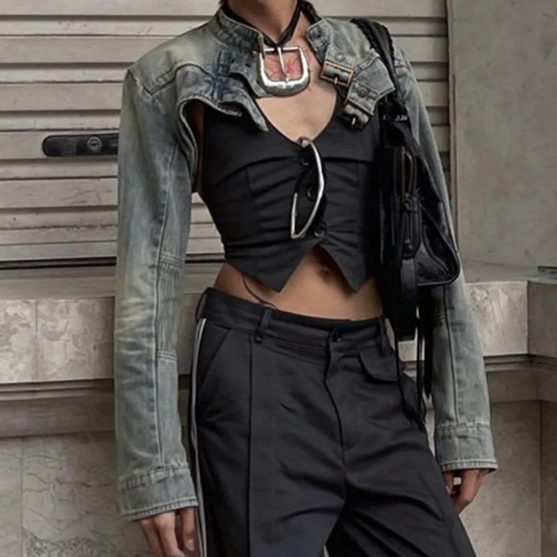 

Street Hipster American Vintage Spice Girl Washed Old Denim Short Long Sleeve Blouse Small Jacket