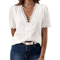 new summer elegant office lady white hollow tops womens lace dots short sleeved v neck slim shirt ladies fashion casual blouse