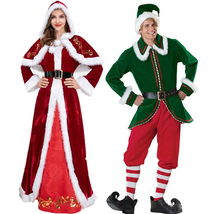 

Adult Couple Christmas Elf Suit Cosplay Santa Claus Costume