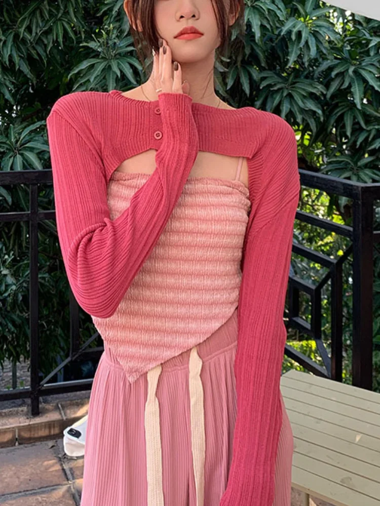 

2022 Summer 2 Piece Set Woman Sexy Crop Strap Tops Korean Fashio Elegant Striped Pullover Casual Slim Sweet Blouse Female Design