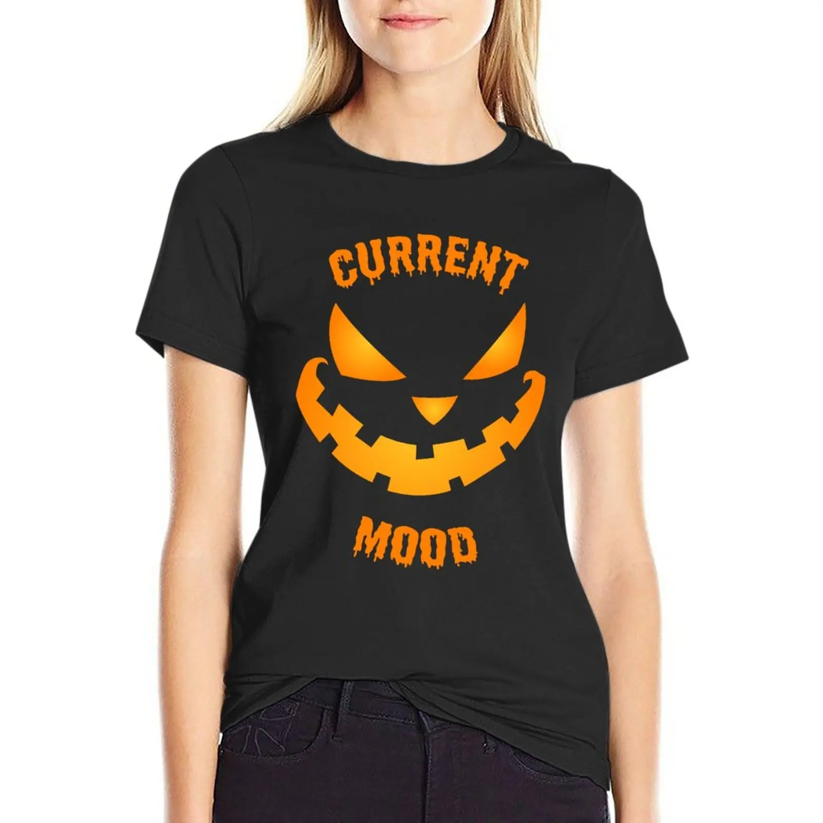 

Футболка для Хэллоуина с текущим настроением, женская футболка оверсайз с тыквой, забавная хлопковая футболка с коротким рукавом