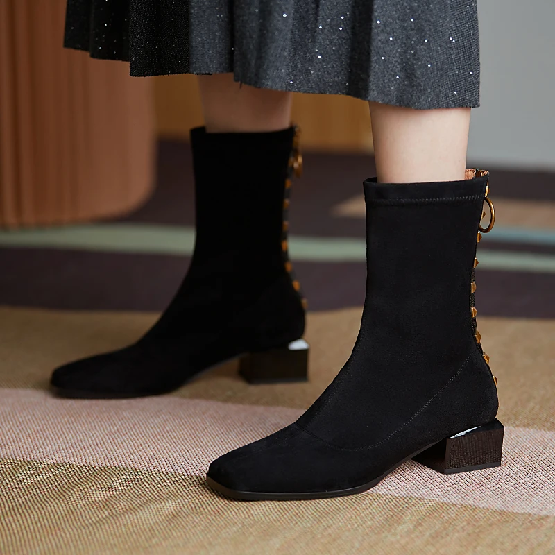 

2022 autumn and winter Women ankle boots natural leather 22-25cm cowhide+flock stretch rivet zipper modern boots skinny boots
