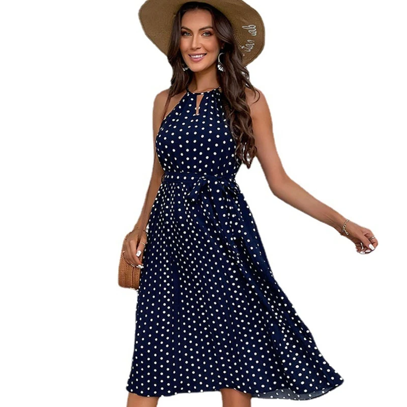 

Fashion Summer Casual Halter Dress Women Polka Dot Bohemia Slim Fit Long Sundress for Party Club Dating Beach Vacation