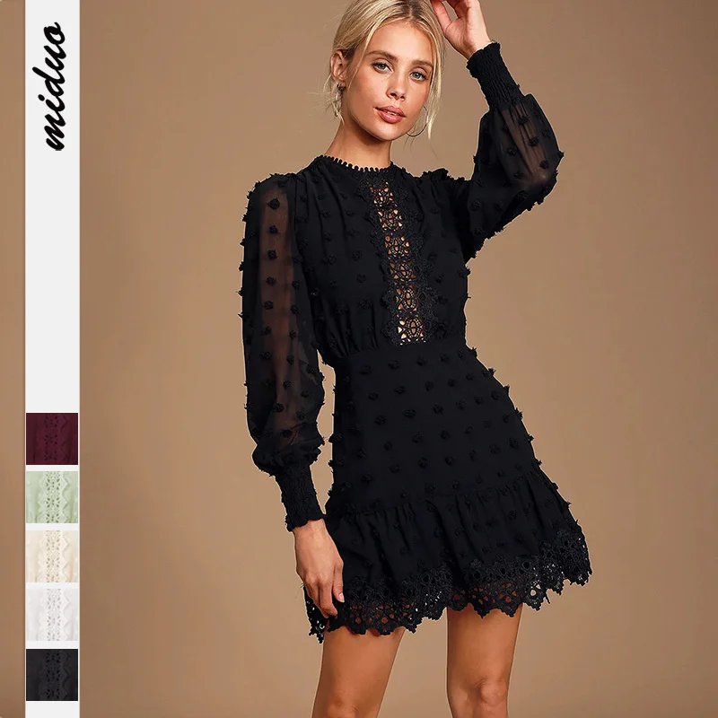 

New Fashion Women Dress Long Sleeve Solid Color Western Style OL Commuter Round Neck Slim Pullover Ladies A-line Dress Autumn