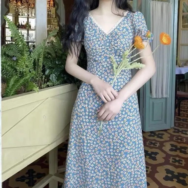 

Women French farmhouse style Floral Dress Loose A-line skirt