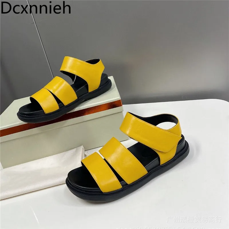 

Summer New Velcro Flat Heel Round Toe Genuine Leather Sandals Leisure Shoes Woman Beach Sandals For Women Flip Flops Shoes 2022