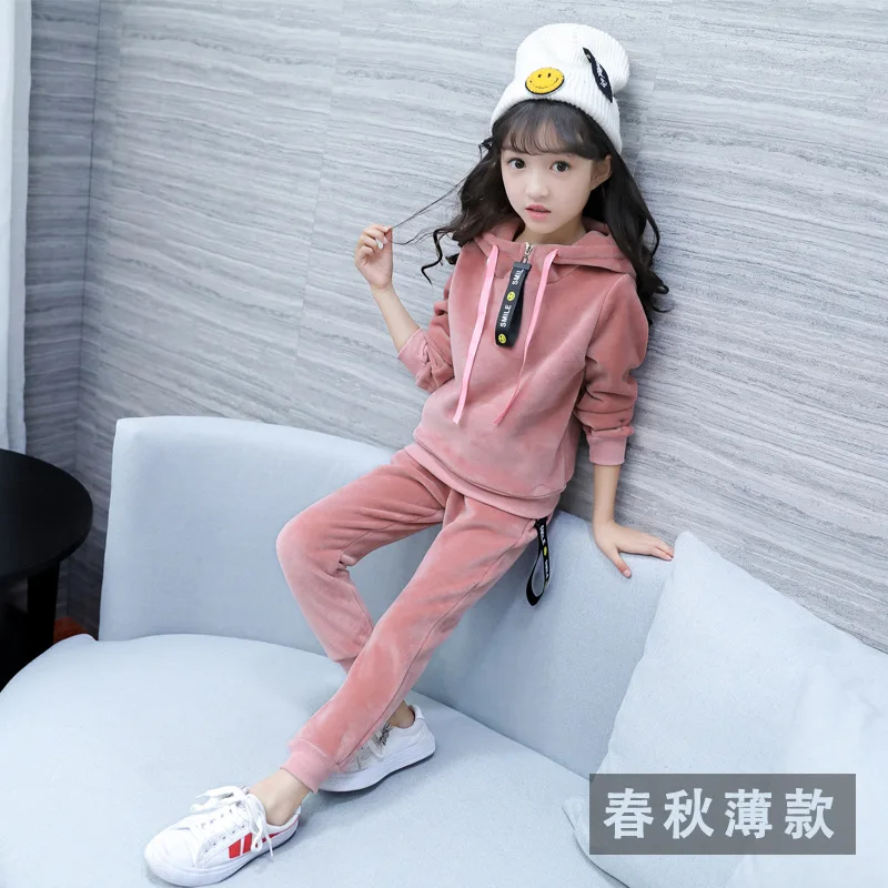 Autumn new girls sports suit gold velvet children's clothing suit baby kids sportswear big girl hoodie shirt + pants suit winter