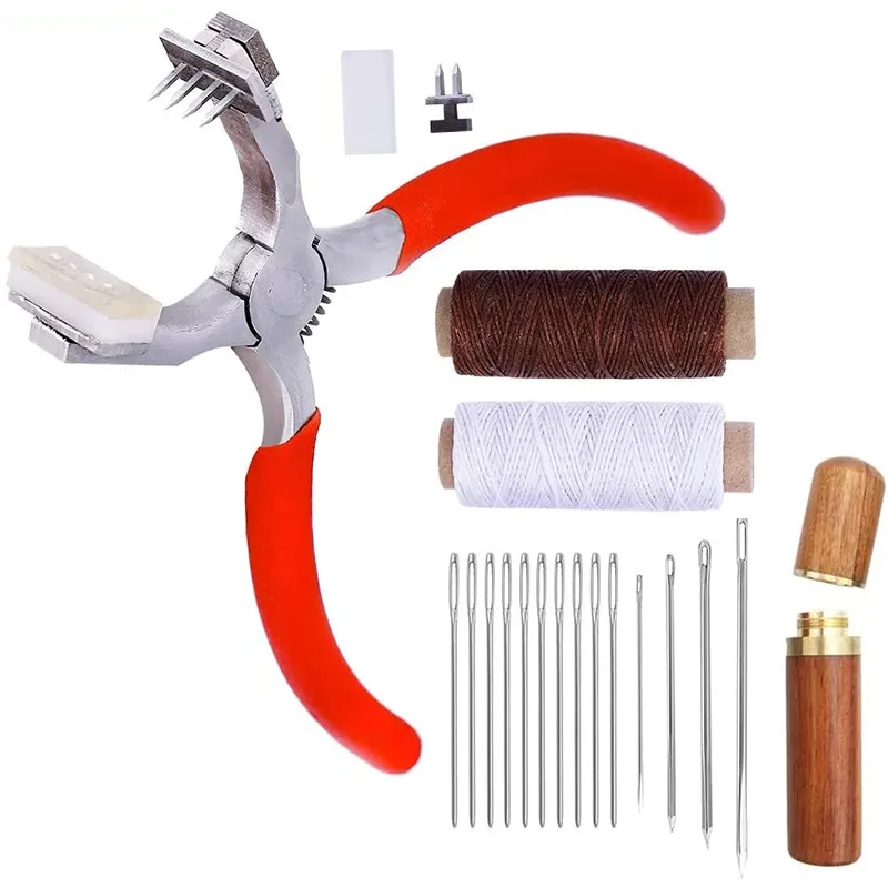 

Stitching Hole Punch Silent Leather Hand Pliers 4Teeth and 2Teetwith Leather NeedleWooden Needle CaseWaxed Thread forLeather DIY