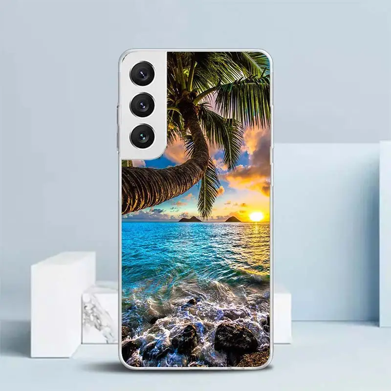 Чехол для Samsung Galaxy S23 S22 S21 Ultra S20 FE S10 Plus мягкий чехол с принтом морской пальмы закат