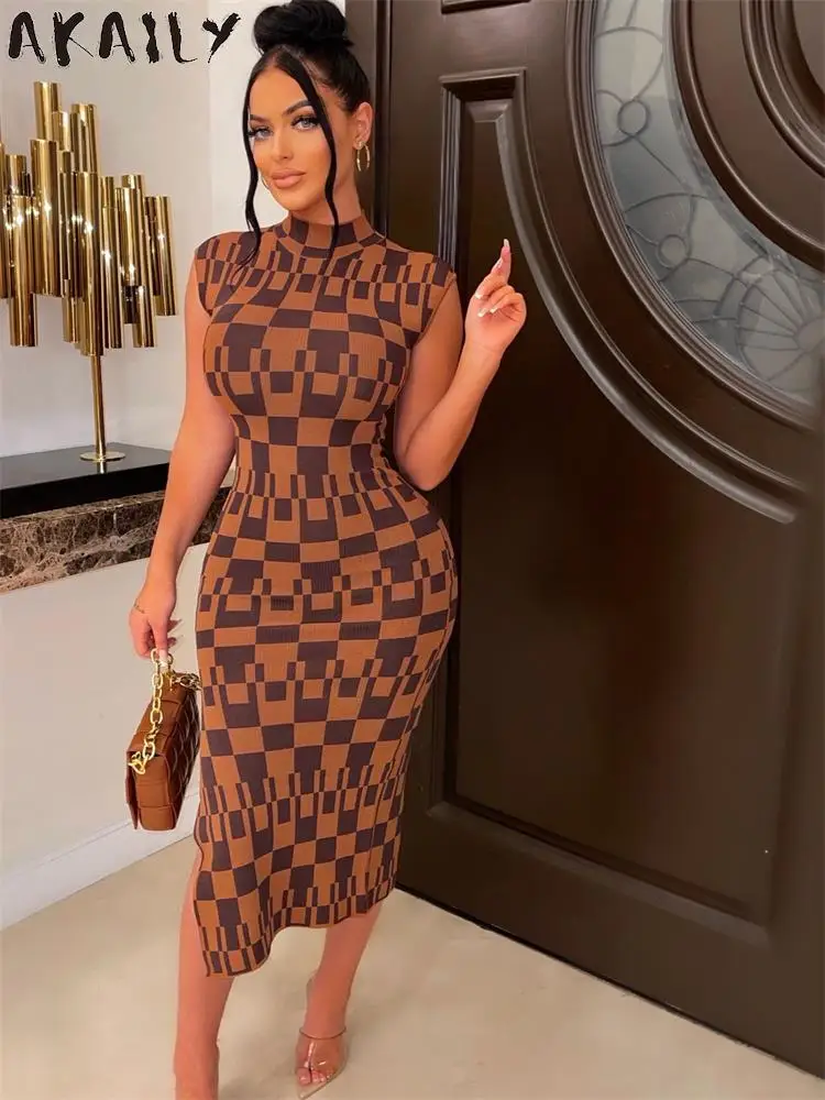 

Akaily осеннее клетчатое платье макси с принтом для женщин Мода 2022 Элегантное Длинное платье без рукавов с круглым вырезом женское Повседневн...
