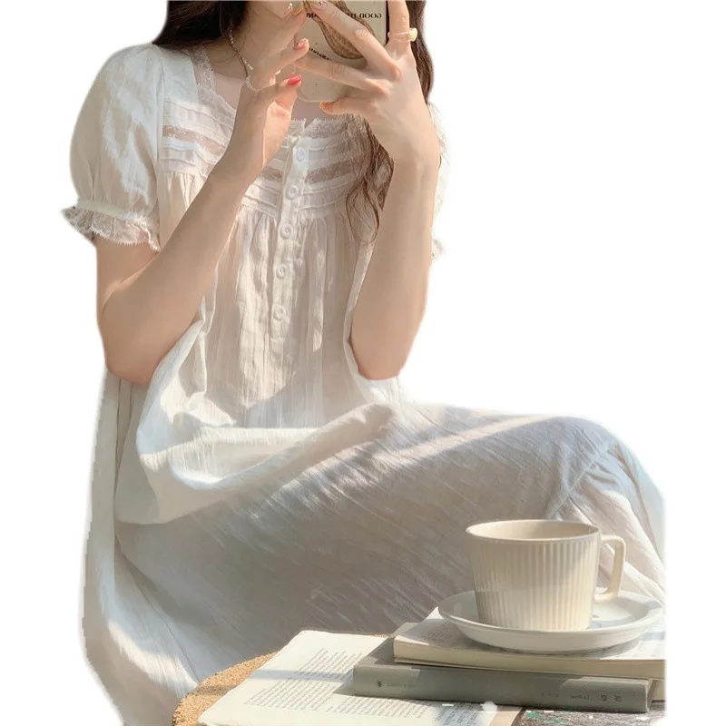 2022 Summer Pajamas for Women Cotton Night Gown Korean Style Loungewear Maxi Dresses Vintage Nightgowns Woman Sleep Dress Female