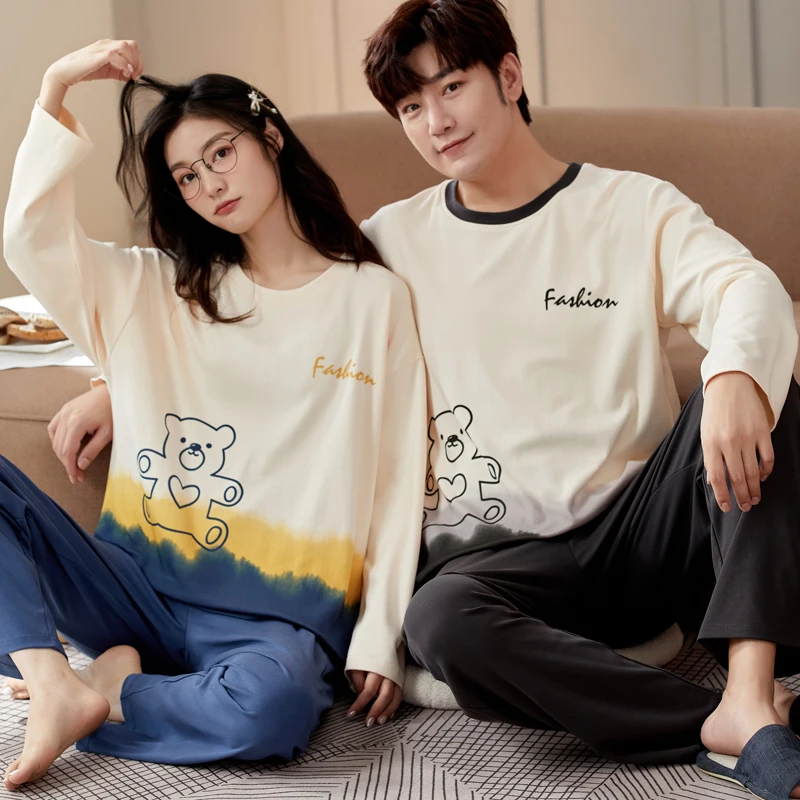 Autumn Couples Pajamas Set Women Men Spring Pyjamas Sleepwear Cartoon Korean Lovers Homewear Cotton Sleep Tops Pijama Free Ship