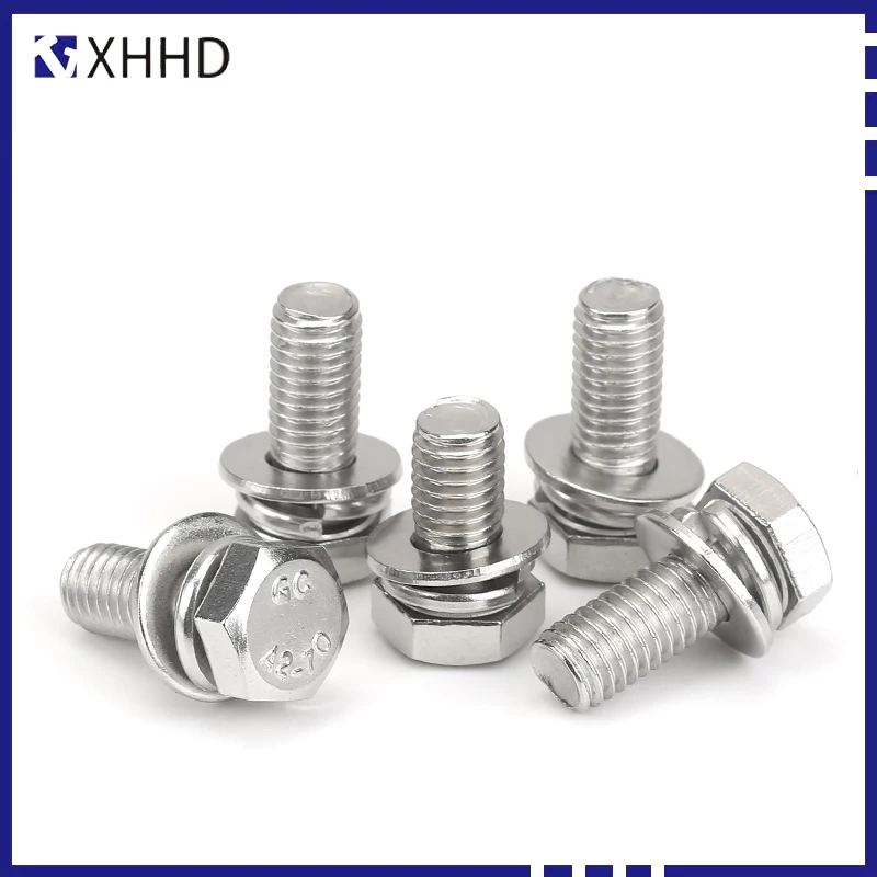 

External Hex Head Machine Screws With Washer M5 M6 M8 M10 Three Combination Thread 304 stainless Steel outer Hexagon Head bolt