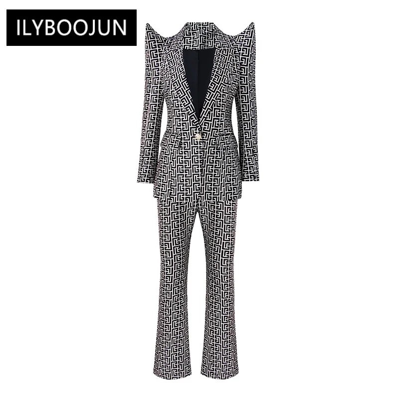 2022 Brand Shrug Slim Stylish Pattern Long Sleeve Single Button Suit For Women Female Blazer Sets With Pants Two Piece Sets