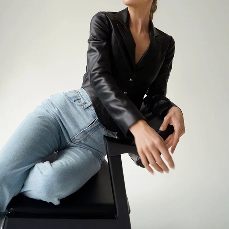 Streetwear 2022 New Fashion Women's Long-sleeved Single-breasted Jacket Suit Collar Slim Cardigan Ladies PU Leather Jacket