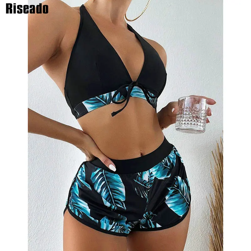

Riseado Leaf Print 3 Piece Bikini With Short Sexy V-neck Swimsuit 2022 High Waist Swimwear Women Bathing Suit Tie Front Biquinis