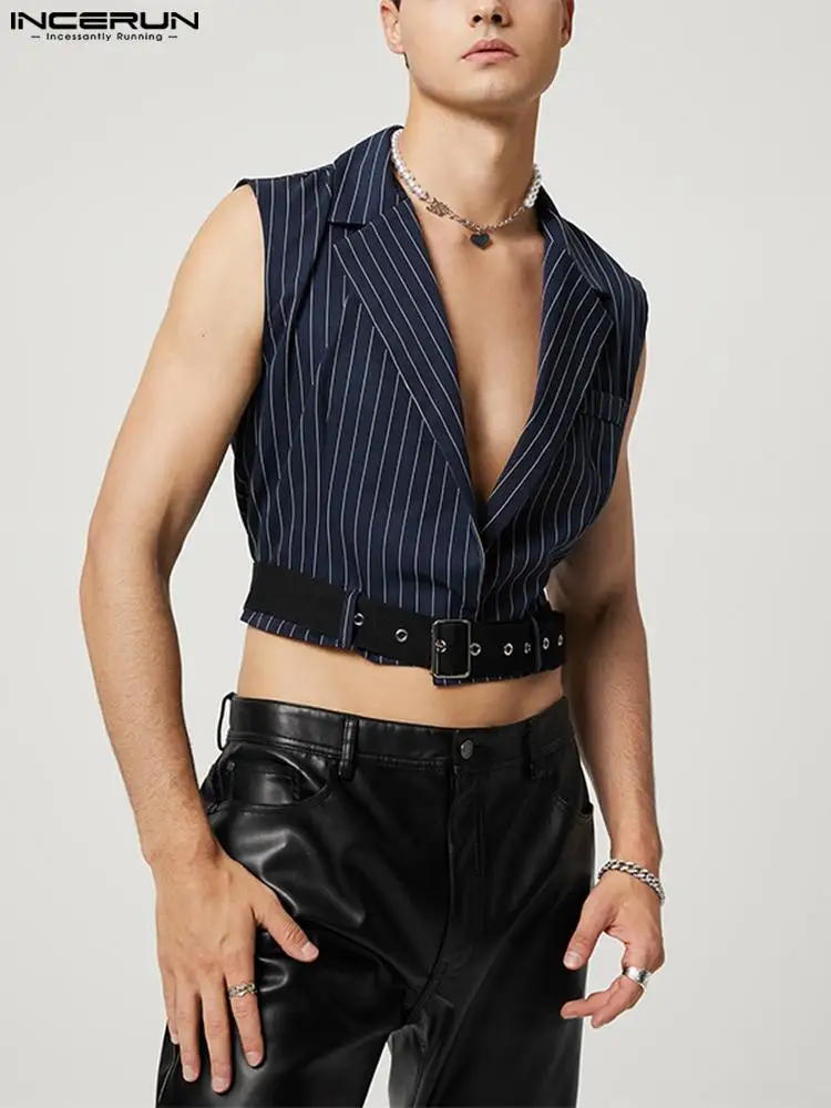 

INCERUN Men Striped Vests Lapel Sleeveless Streetwear Casual Crop Waistcoats Men Fashion Leisure Blazer Vests With Belt S-5XL