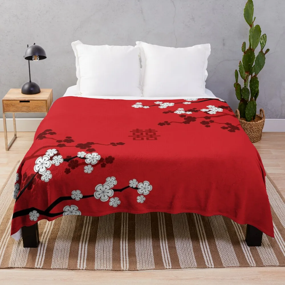 

White Oriental Cherry Blossoms On Red And Chinese Wedding Double Happiness Japanese Sakura Fatfatin Throw Blankets