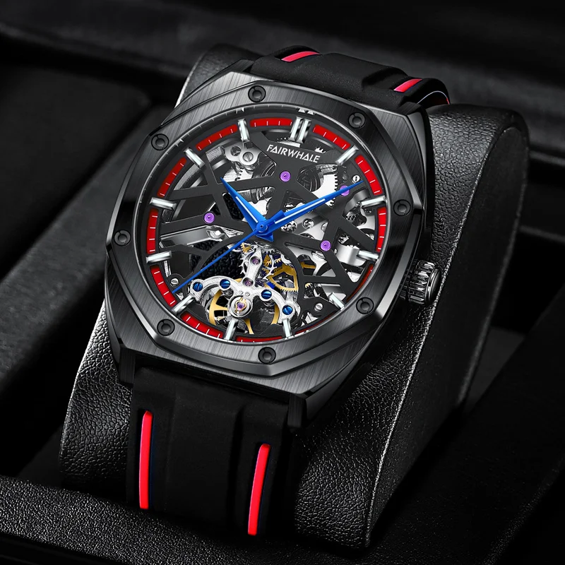 MARK FAIRWHALE Men Skeleton Automatic Mechanical Watch Quality Square Waterproof Luminous Fashion Watch Mechanical Art Watch
