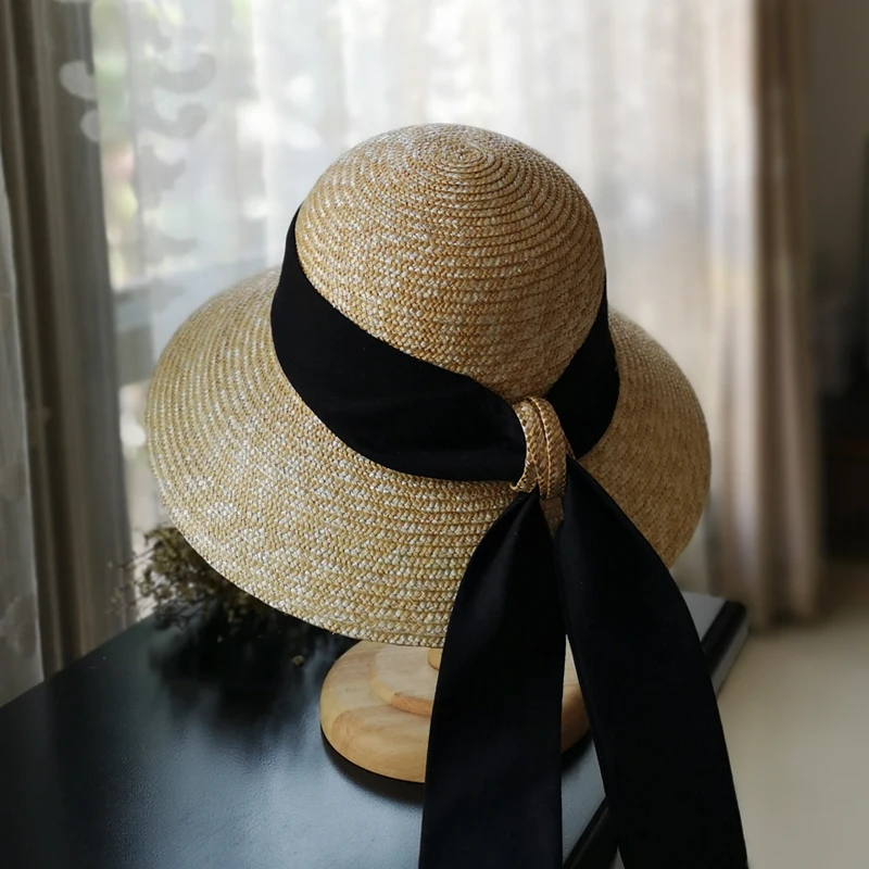 Hepburn Sle Straw Hat French sle Elegant Girl's Cap British Fine Braid Beach Female Big Brim Ribbon Vacation Tr...