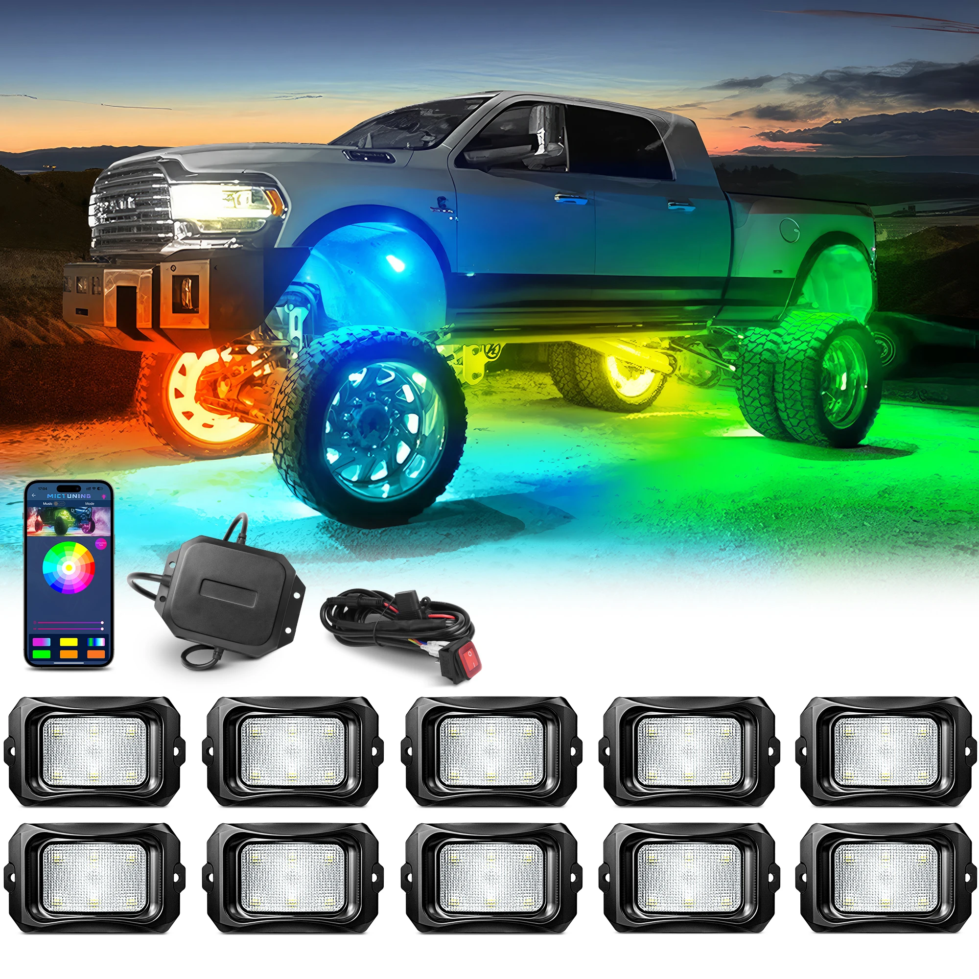 MICTUNING C2 RGBIC LED Rock Lights Kit 10-струльный комплект освещения подсветки с беспроводным