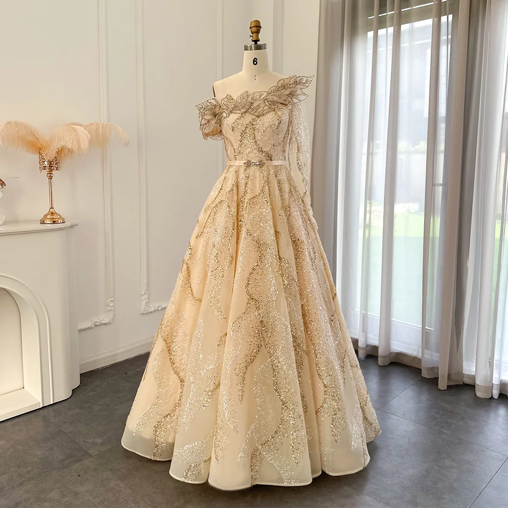 

Роскошные блестящие золотистые вечерние платья Haute Couture для женщин, свадьба 2023, элегантное официальное платье на одно плечо для выпускного вечера