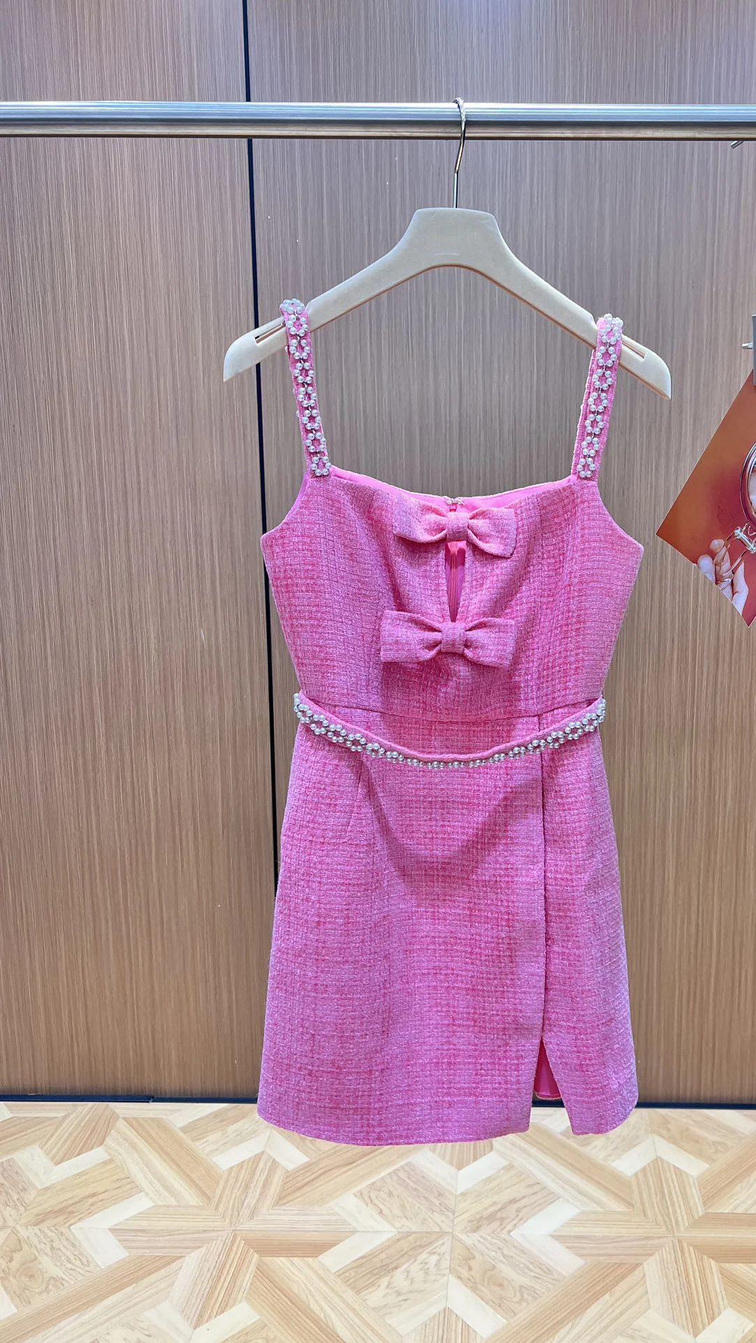 Spring summer series hand-stitched pearl slip dress chest small bow age and playful really good6.27