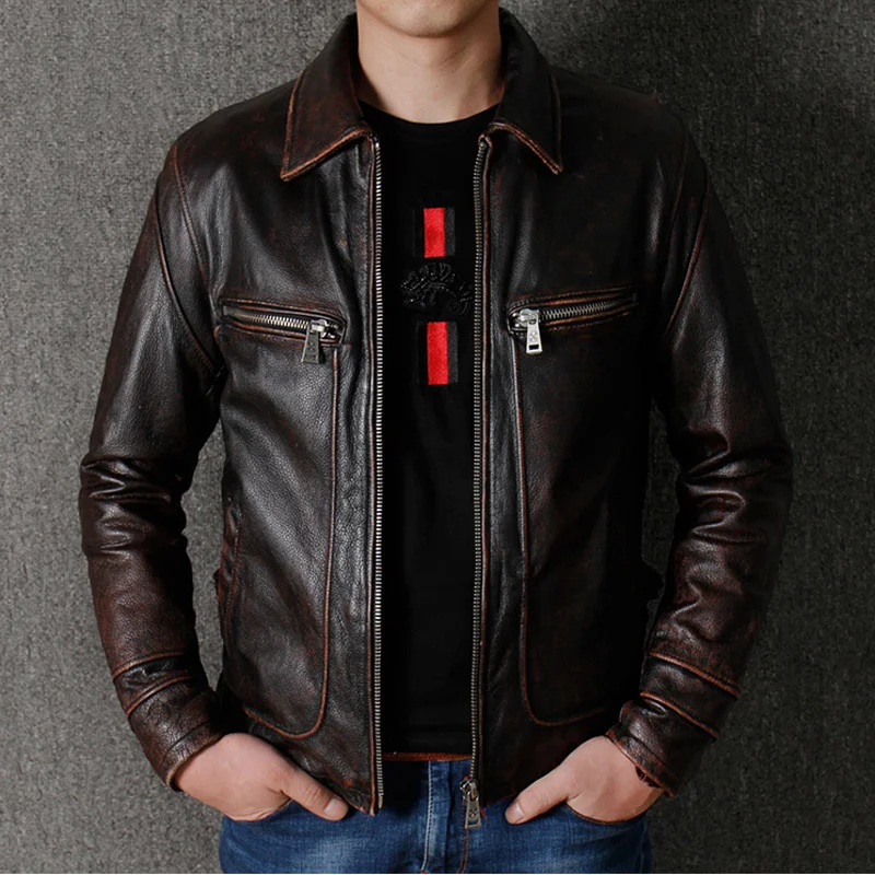 

Мужская винтажная ветровка из натуральной коровьей кожи, в стиле ретро