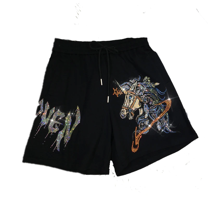 Heavy Industry Cartoon Rhinestone Shorts Female 2023 Summer New High Waist Black All-Matching Wide Leg Shorts Women Clothing