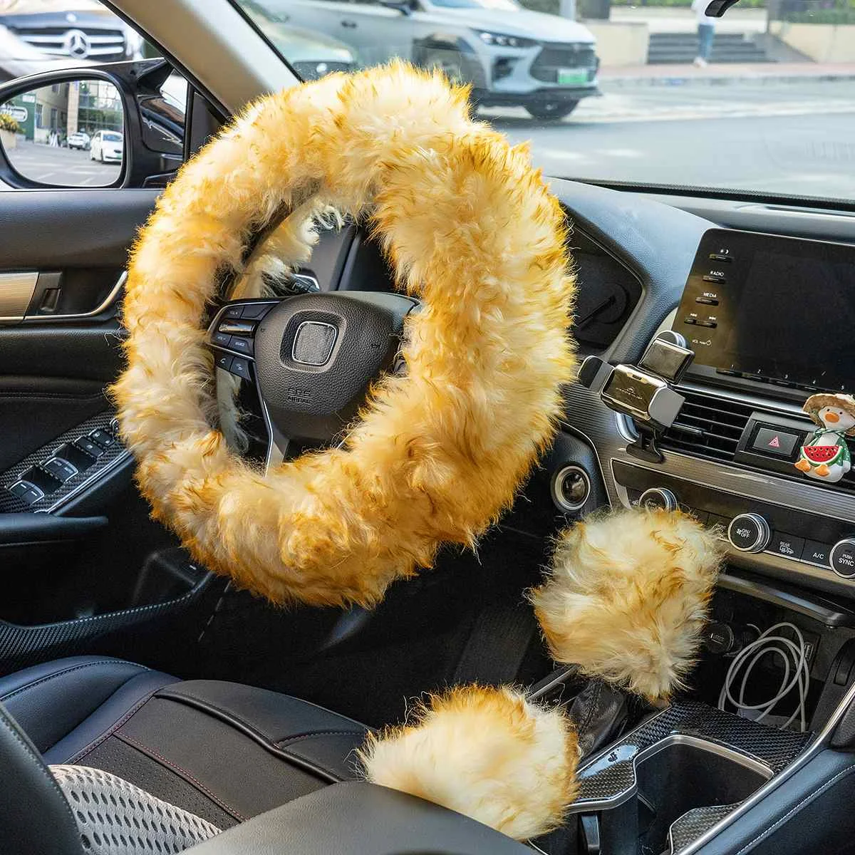 38cm Solid Soft Warm Long Wool Fuzzy Steering Wheel Cover Woolen Handbrake Car Accessory Sheep Fur Plush Protector Cover Kit