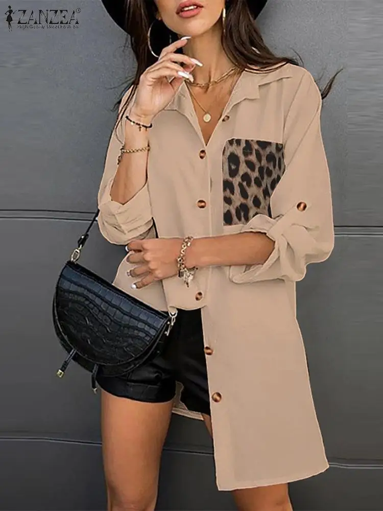 

ZANZEA Fashion Patchwork Blouse Women Long Sleeve Blusas Autumn Leopard Shirts Female Lapel Kaftan Oversize Chemise Tunic Tops