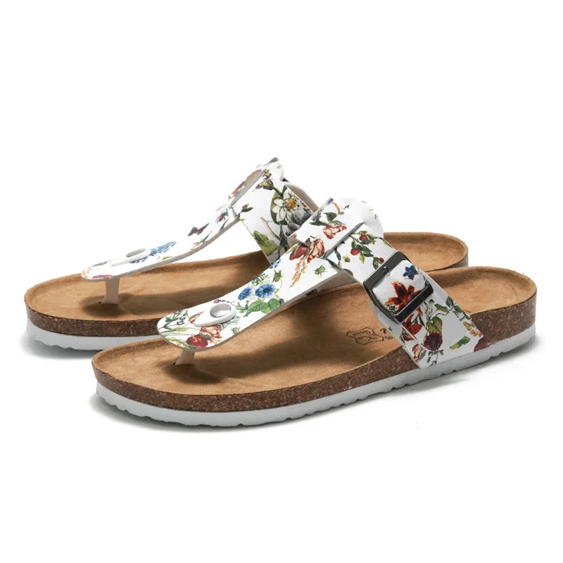 

New Beach Cork Slippers Women Flip Flops 2023 Casual Summer Mixed Color Print Shoes Lady Flat Outside Fashion Open Toe Slides