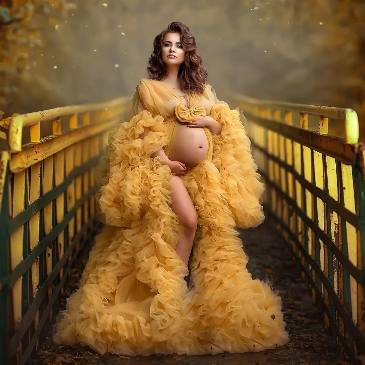 

Luxury Yellow Ruffles Maternity Robes Tulle Long Sleeve Pregnancy Dresses Women Birthday Party Dress for Baby Shower Photoshoot