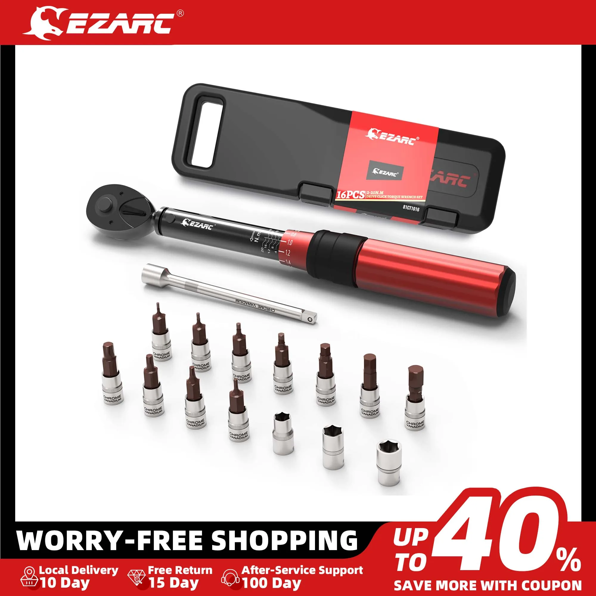 EZARC 1/4'' 2-20Nm Square Drive Click Bike Torque Wrench Set 16Pcs Double Scale Bicycle Repair Kit for Road Mountain Bike Repair
