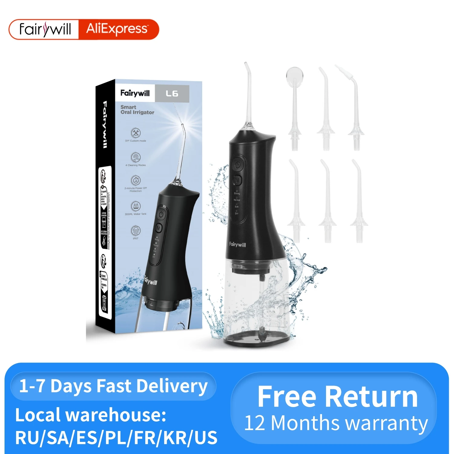 Фото Fairywill USB портативный ирригатор для полости рта, водная ирригация, стоматологическая вода, отбеливание зубов, 300 мл, 6 насадок, чистка полости рта для брекетов №1