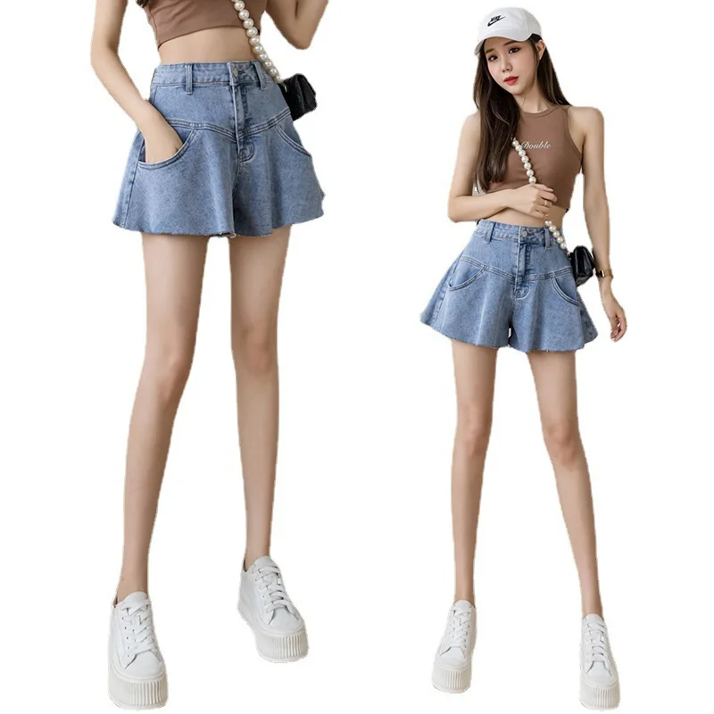 Women's Denim Shorts Versatile Design Flare Hock Skirt Wide Leg Ruffle Denim Shorts Hot Pants Umbrella Pants Women
