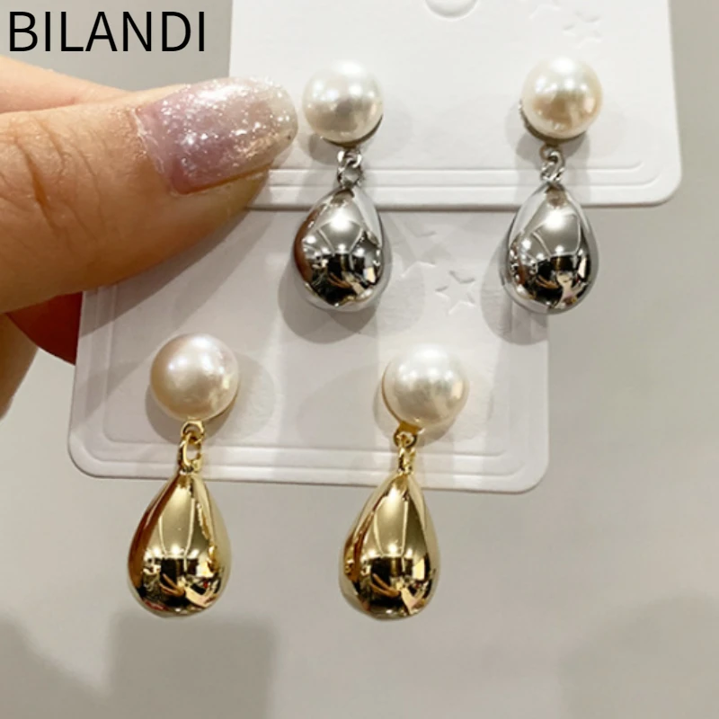 

Bilandi Modern Jewelry 925 Silver Needle Simulated Pearl Metal Teardrop Earrings For Women Girl Ear Accessories Party Gift
