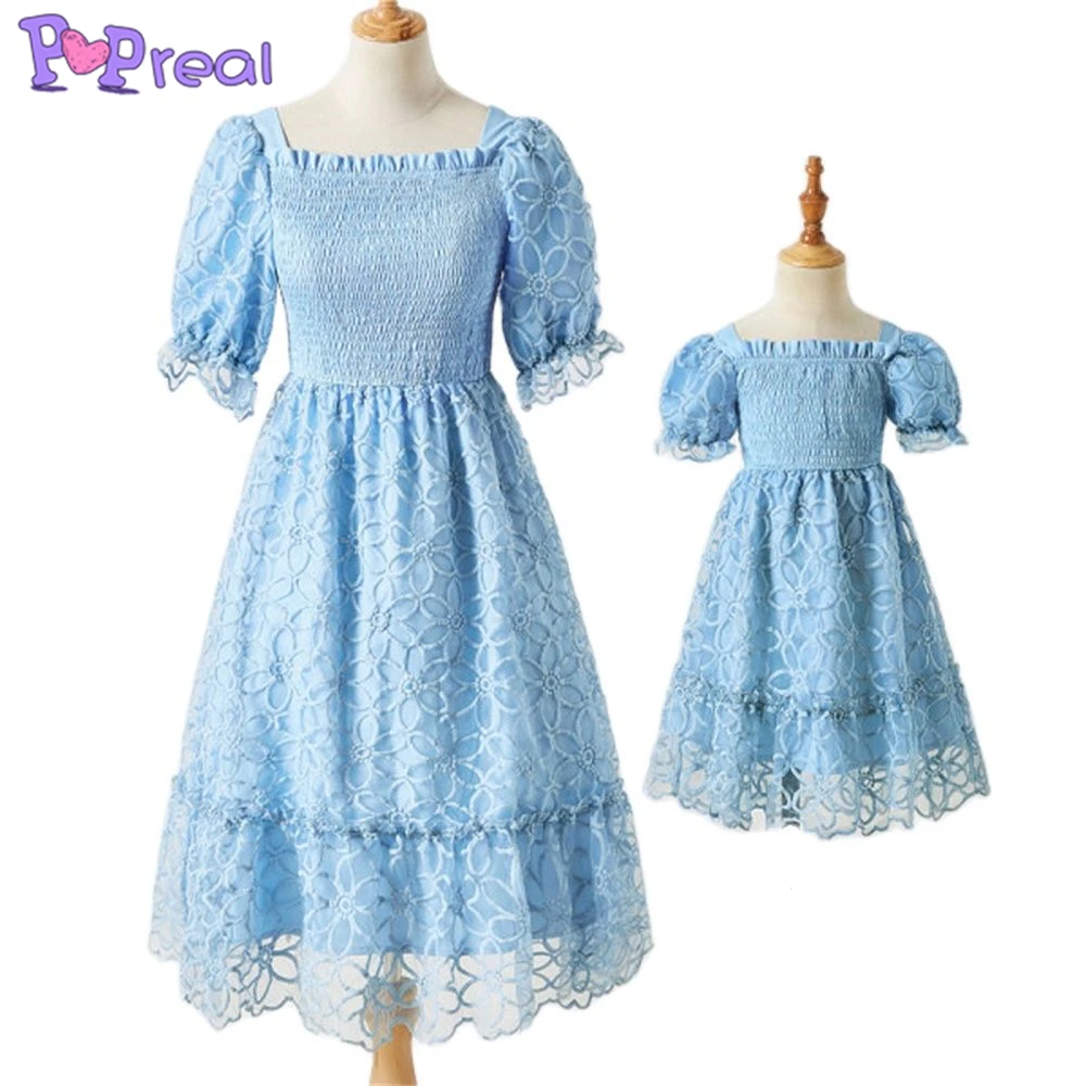 

PopReal Summer Mom And Daughter Dress Sweet Blue Lace Puff Sleeve Mom Girl Dress Family Look Parent-Child Outfit